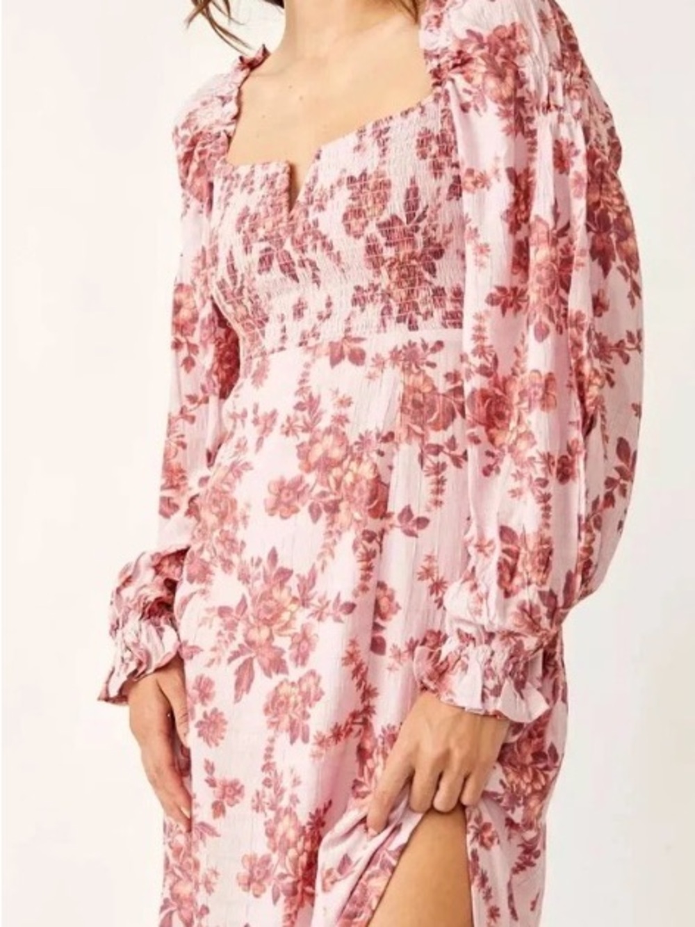 Free People Smocked Floral Maxi Dress in Dusty Rose